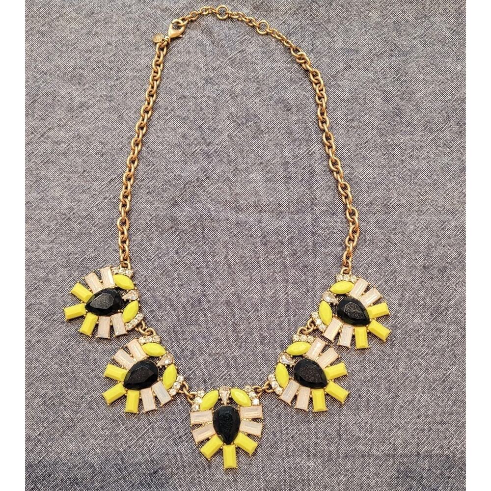 J Crew Neon Yellow Crystal & Gem Stone Flower Statement Collar Necklace
